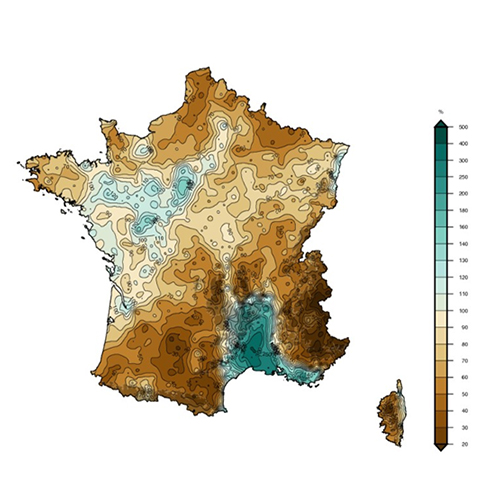 Février 2025 : Rapport à la moyenne mensuelle de référence 1991-2020 des cumuls de précipitations en France
